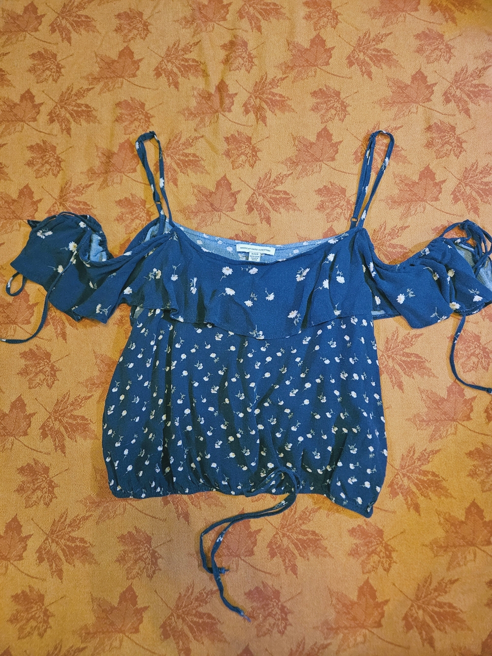 American Eagle Outfitters Navy Blue Floral Off-Shoulder Cropped Blouse